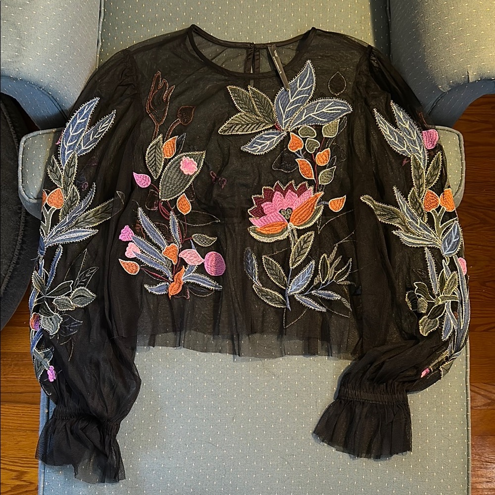 Anthropologie Black Sheer Embroidered Floral Blouse